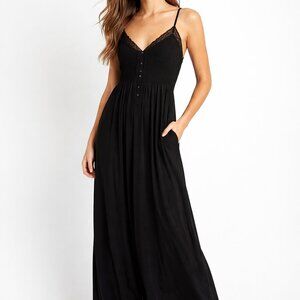 Lovestitch Black Lace Trim Maxi Dress Boho Cottagecore Size Small